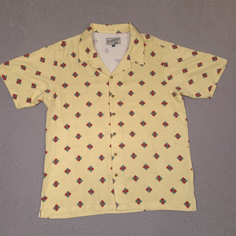 Bogey Boys Shirt Mens Medium Yellow Golf‎ Button Up Rayon Camp Casual